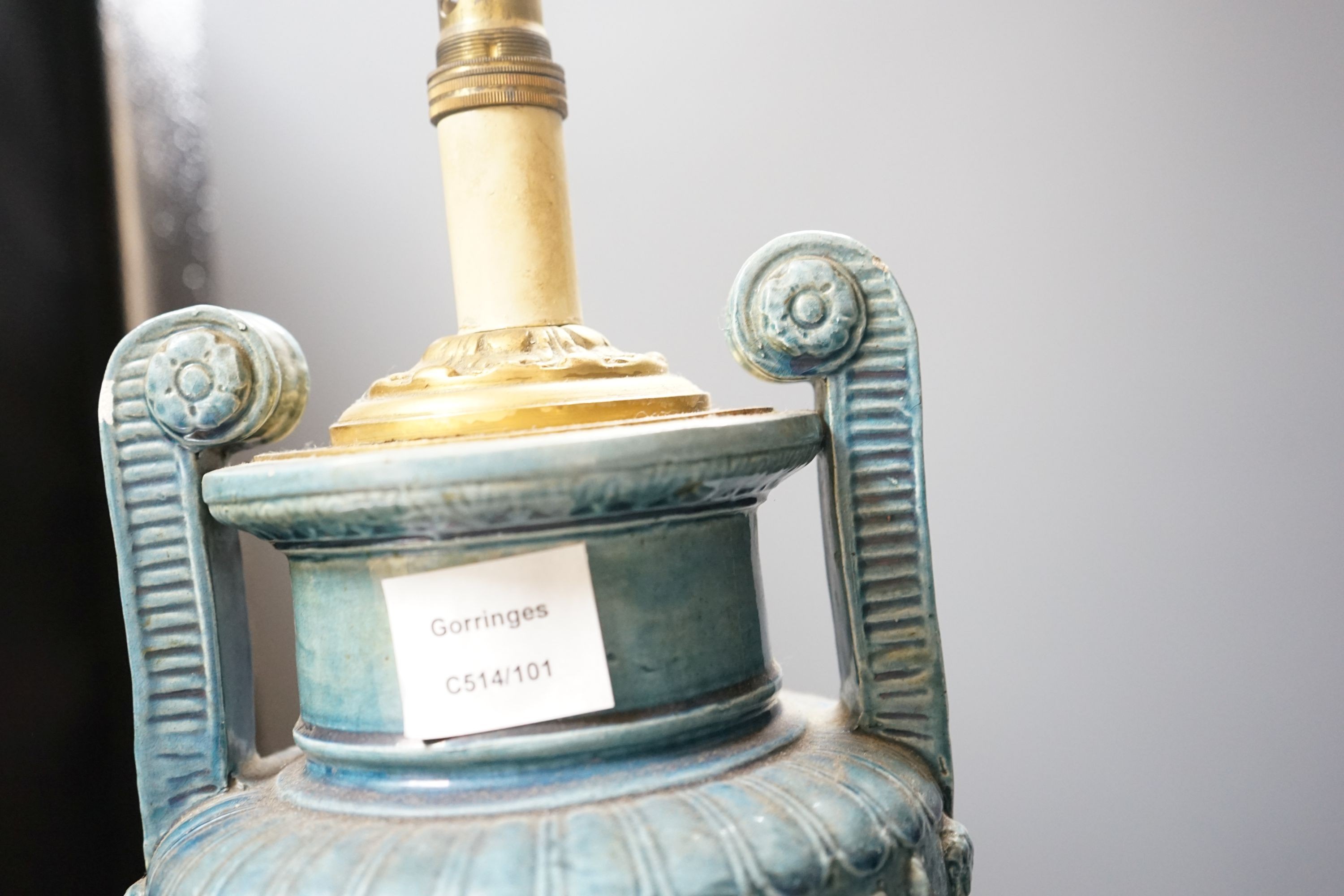 A Roman revival blue glazed table lamp